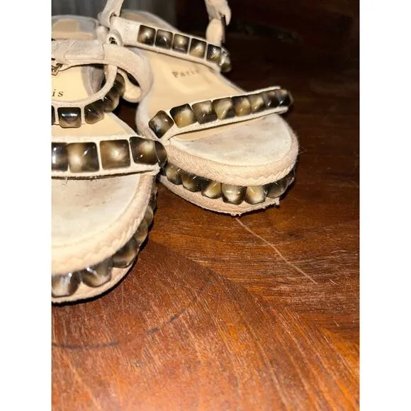 Christian Louboutin Cataclou Tigers Eye Studded Sandals 2” Wedges Espadrilles