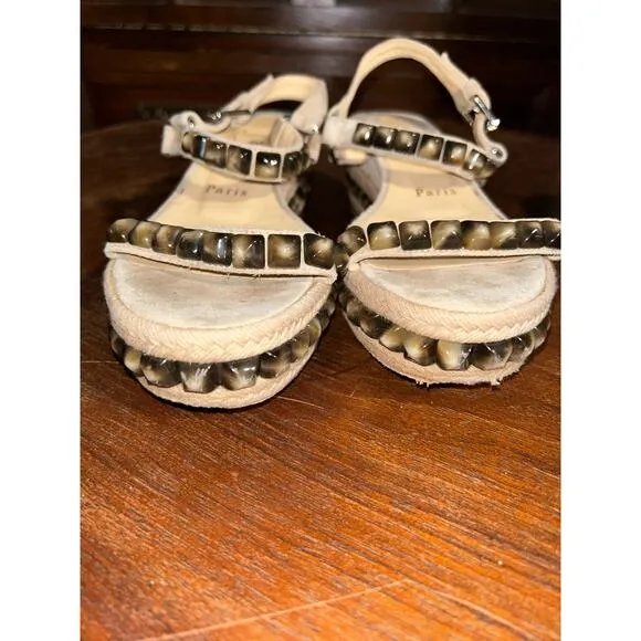 Christian Louboutin Cataclou Tigers Eye Studded Sandals 2” Wedges Espadrilles
