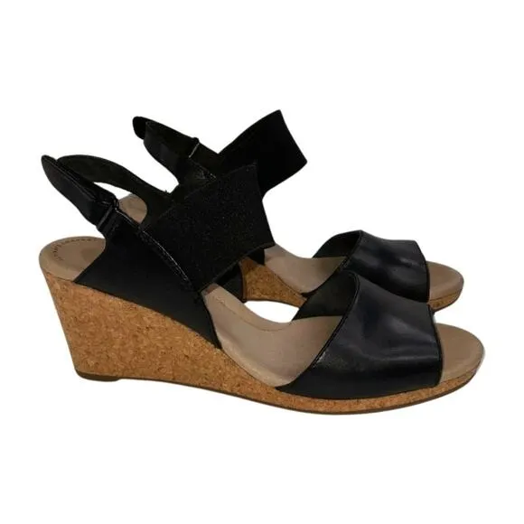 Clarks Leather Lafley Lily Wedge Sandals Adjustable Ankle Size 8.5