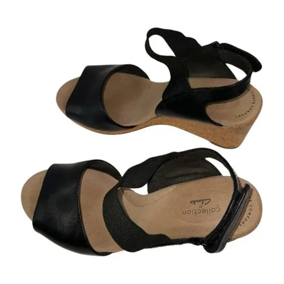 Clarks Leather Lafley Lily Wedge Sandals Adjustable Ankle Size 8.5