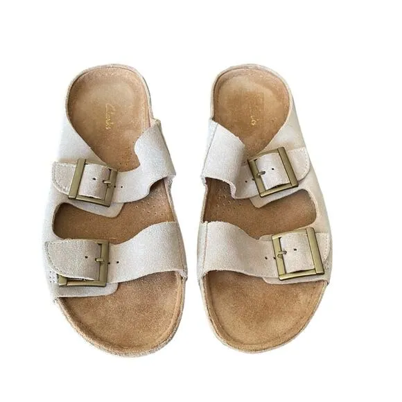 Clarks Leather Suede Double Buckle Slide Tan Sandals size 10 no box