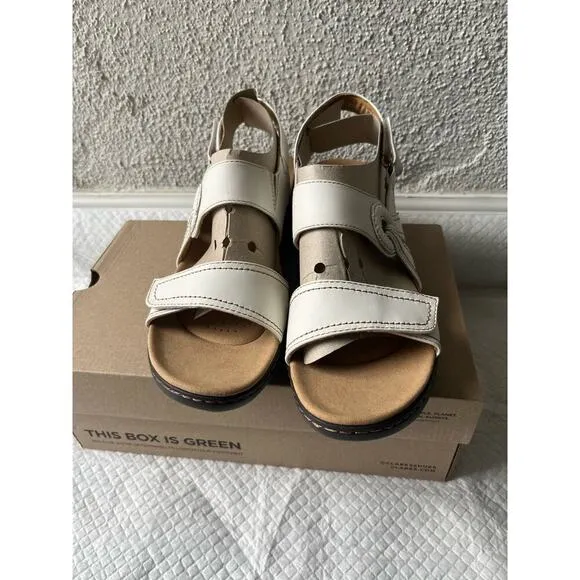 Clarks Women Merliah Opal White Leather Cuir Noir Sandals, Size 11