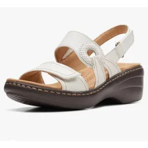 Clarks Women Merliah Opal White Leather Cuir Noir Sandals, Size 11