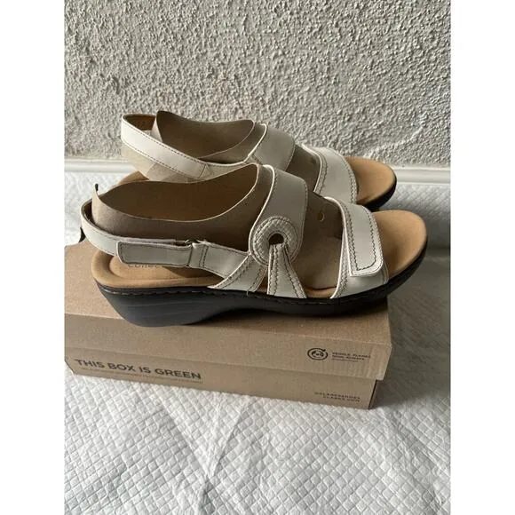 Clarks Women Merliah Opal White Leather Cuir Noir Sandals, Size 11