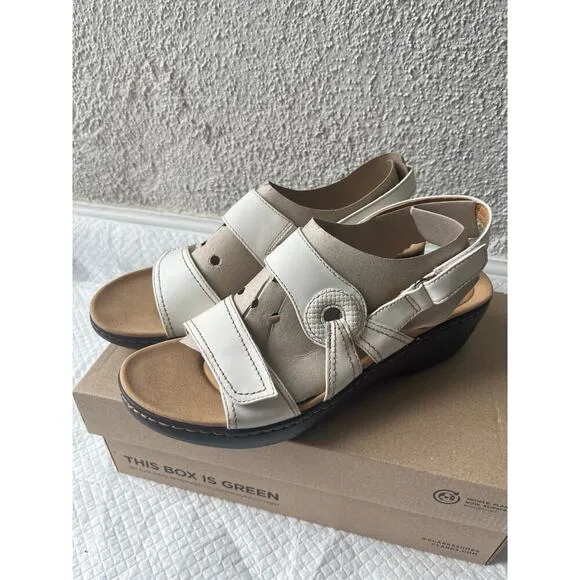 Clarks Women Merliah Opal White Leather Cuir Noir Sandals, Size 11