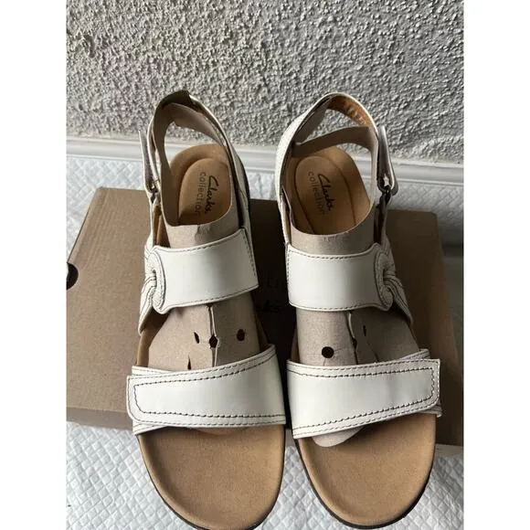 Clarks Women Merliah Opal White Leather Cuir Noir Sandals, Size 11