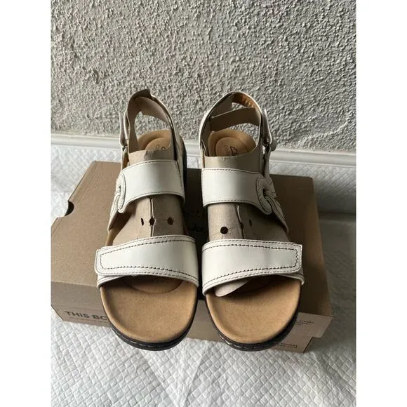 Clarks Women Merliah Opal White Leather Cuir Noir Sandals, Size 11