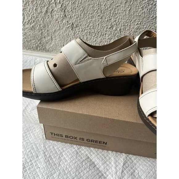 Clarks Women Merliah Opal White Leather Cuir Noir Sandals, Size 11