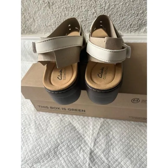 Clarks Women Merliah Opal White Leather Cuir Noir Sandals, Size 11