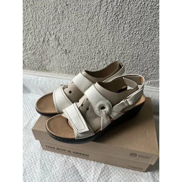 Clarks Women Merliah Opal White Leather Cuir Noir Sandals, Size 11