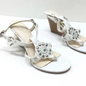 COACH Harper Sandals White Genuine Leather Silver Studded Details Wedge Sz. 8