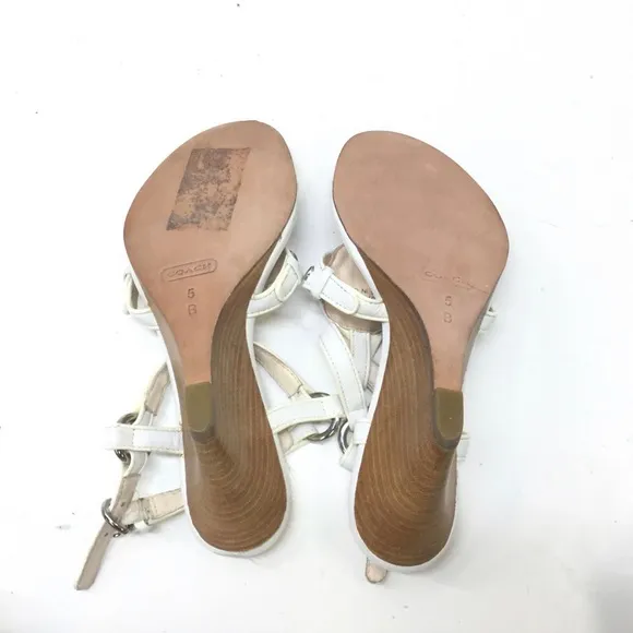 COACH Harper Sandals White Genuine Leather Silver Studded Details Wedge Sz. 8