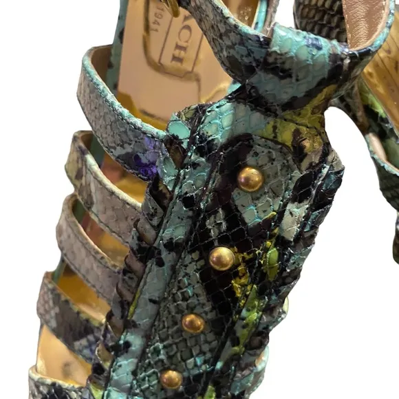 Coach Jenkins Q419 ankle strap snakeskin sandals.