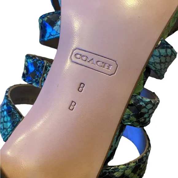 Coach Jenkins Q419 ankle strap snakeskin sandals.
