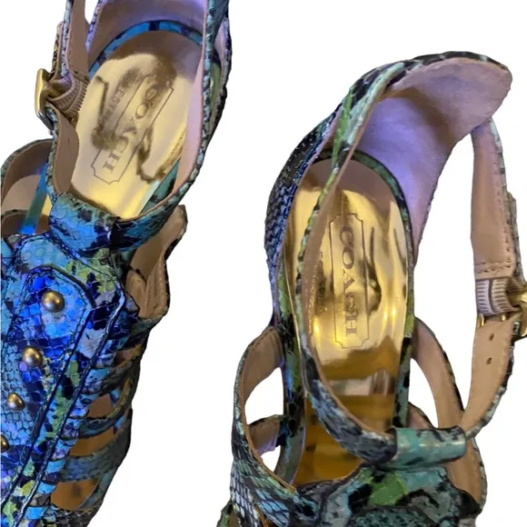 Coach Jenkins Q419 ankle strap snakeskin sandals.