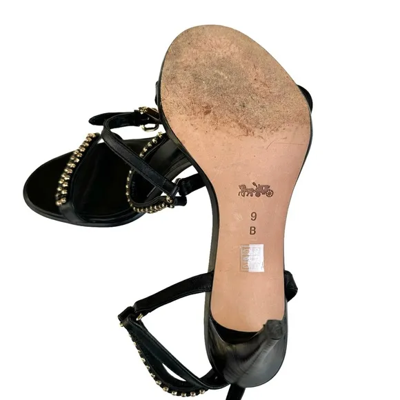 Coach Kalie Studded Black Leather Ankle Strap Stiletto Heel Sandals Women’s