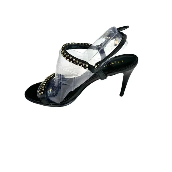 Coach Kalie Studded Black Leather Ankle Strap Stiletto Heel Sandals Women’s