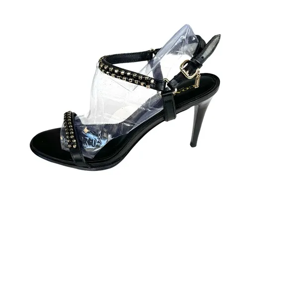 Coach Kalie Studded Black Leather Ankle Strap Stiletto Heel Sandals Women’s