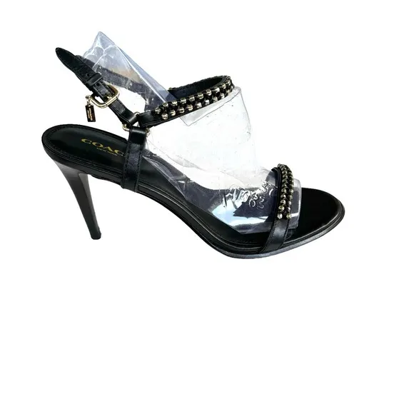 Coach Kalie Studded Black Leather Ankle Strap Stiletto Heel Sandals Women’s