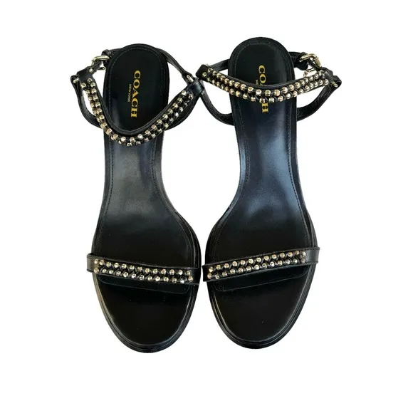Coach Kalie Studded Black Leather Ankle Strap Stiletto Heel Sandals Women’s