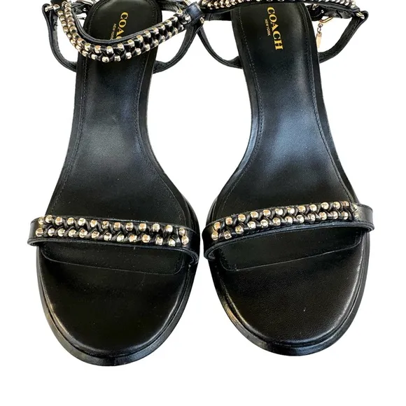 Coach Kalie Studded Black Leather Ankle Strap Stiletto Heel Sandals Women’s
