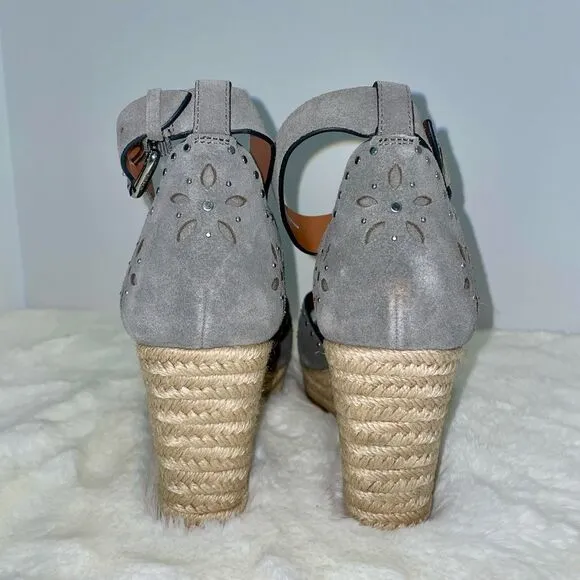 COACH‎ Kelsi Wedge Espadrille Sandals Heather Grey Gray Suede Studded Size 6.5