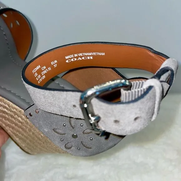 COACH‎ Kelsi Wedge Espadrille Sandals Heather Grey Gray Suede Studded Size 6.5