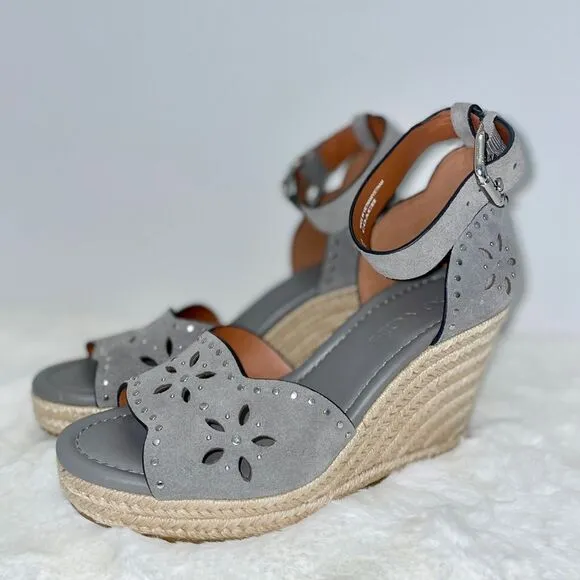 COACH‎ Kelsi Wedge Espadrille Sandals Heather Grey Gray Suede Studded Size 6.5