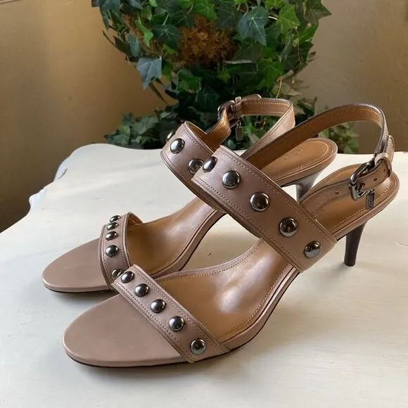 Coach Mandy Semi Matte Calf Stone Leather Studded Sandals Women’s 9.5 B EUC