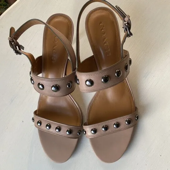 Coach Mandy Semi Matte Calf Stone Leather Studded Sandals Women’s 9.5 B EUC