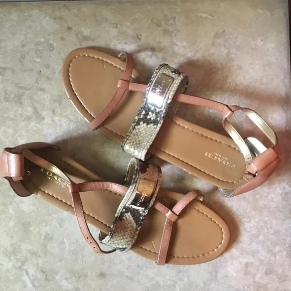 Coach New York Snake Print Cognac Leather Sandals