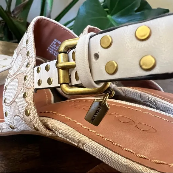 Coach Rylie Beige C Monogram Fabric Studded Leather Block Sandal Heels