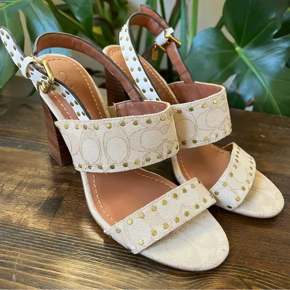 Coach Rylie Beige C Monogram Fabric Studded Leather Block Sandal Heels