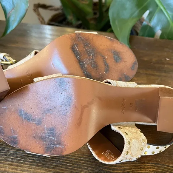 Coach Rylie Beige C Monogram Fabric Studded Leather Block Sandal Heels