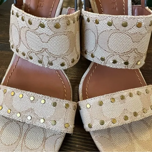 Coach Rylie Beige C Monogram Fabric Studded Leather Block Sandal Heels