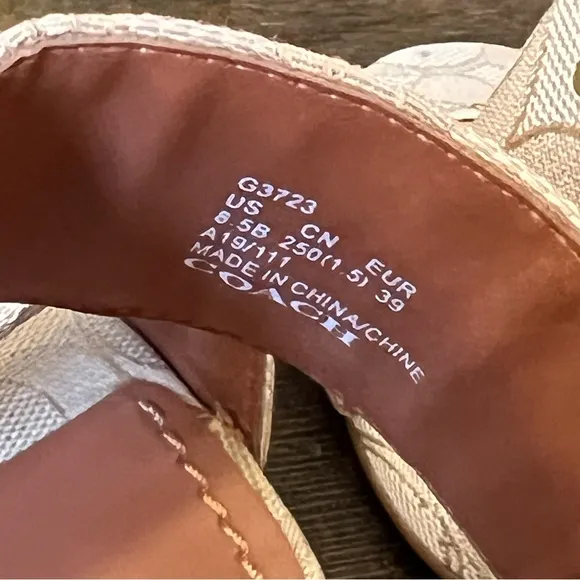 Coach Rylie Beige C Monogram Fabric Studded Leather Block Sandal Heels