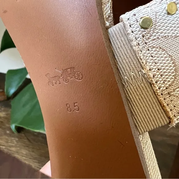 Coach Rylie Beige C Monogram Fabric Studded Leather Block Sandal Heels