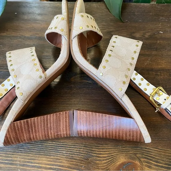 Coach Rylie Beige C Monogram Fabric Studded Leather Block Sandal Heels