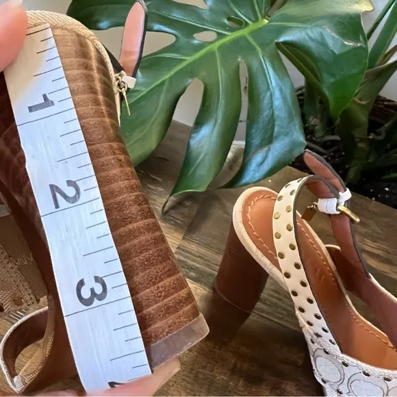 Coach Rylie Beige C Monogram Fabric Studded Leather Block Sandal Heels