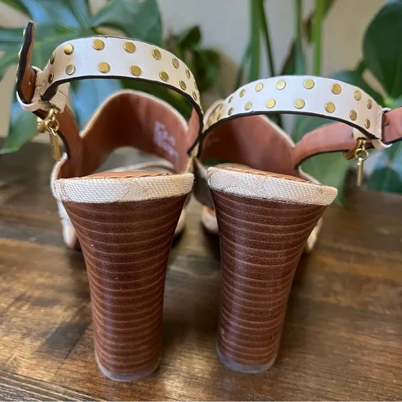 Coach Rylie Beige C Monogram Fabric Studded Leather Block Sandal Heels