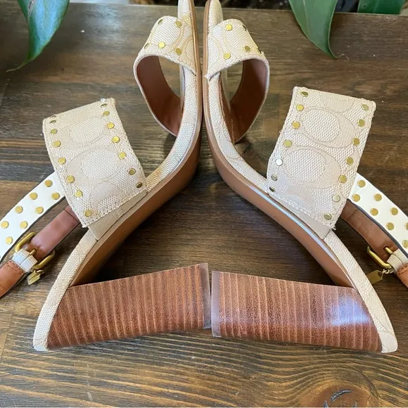 Coach Rylie Beige C Monogram Fabric Studded Leather Block Sandal Heels
