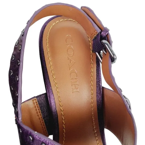 Coach Rylie Plum Purple Studded Block Metallic Heels, Sz 10