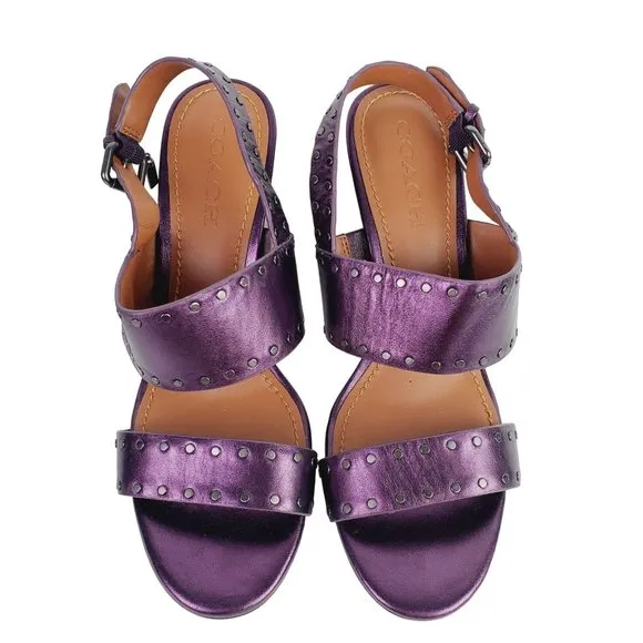 Coach Rylie Plum Purple Studded Block Metallic Heels, Sz 10