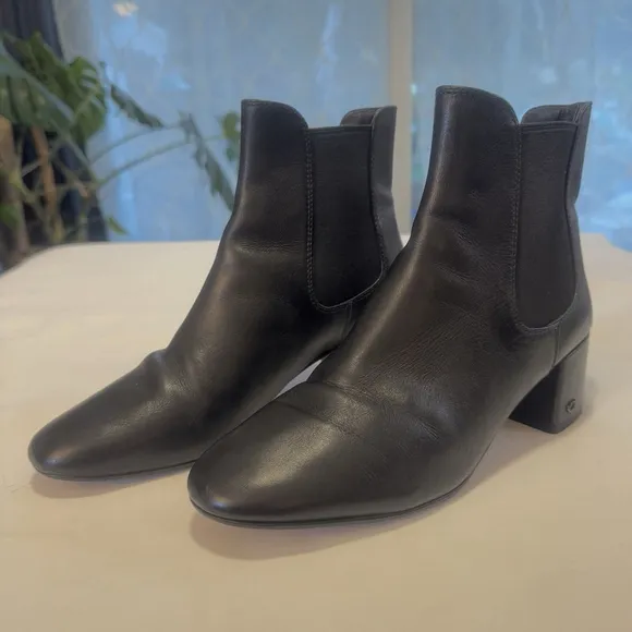 Coach Side Gore Leather Ankle Boots Chelsea Black Size:9.5 Chunky Block Heel
