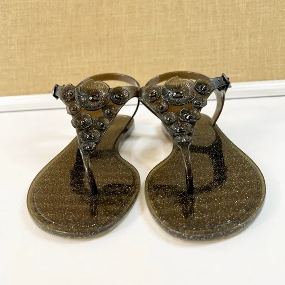 Coach Tea Rose Black Glitter Jelly Sandal Size 8 G2071