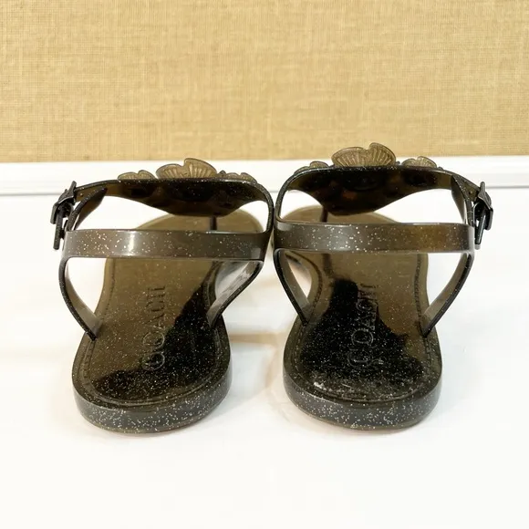 Coach Tea Rose Black Glitter Jelly Sandal Size 8 G2071