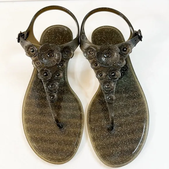 Coach Tea Rose Black Glitter Jelly Sandal Size 8 G2071