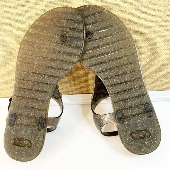 Coach Tea Rose Black Glitter Jelly Sandal Size 8 G2071