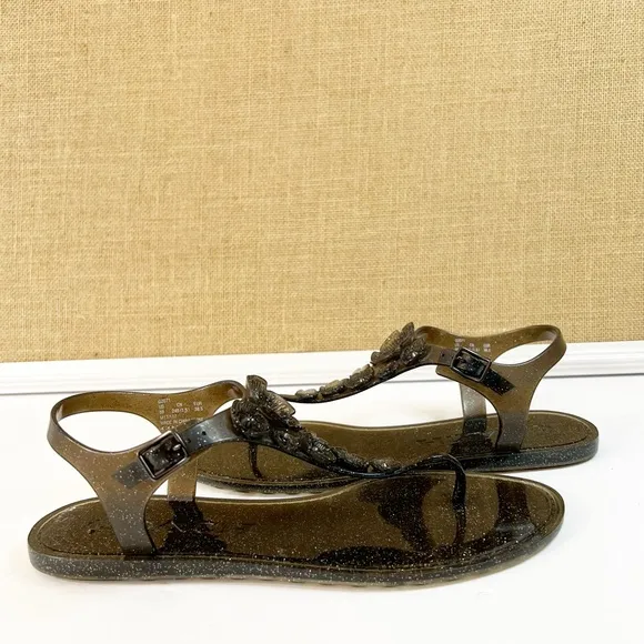 Coach Tea Rose Black Glitter Jelly Sandal Size 8 G2071