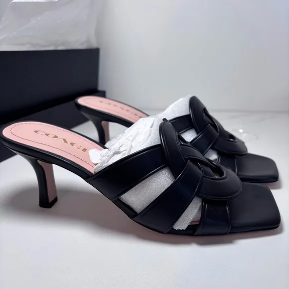 COACH Women's Tillie Sandal Black Leather Slide On Heel Signature Logo Size 7